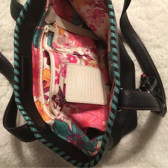 Brighton Black Leather Shoulder Bag with floral lining & 2 bonus charms - Picture 6 of 8